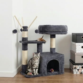 Feandrea Small Cat Tree and Condo, 72 cm, 3 Pompoms, Smoky Gray
