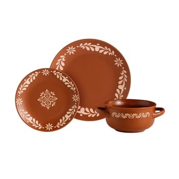 Chefmaker Mex Brown Ceramic Dinnerware Set for 4, 12 Pieces, Mexican Holiday Design